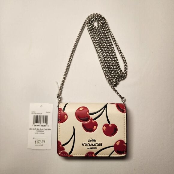 NWT Coach CZ759 Mini Wallet On a Chain Chalk Leather w/Cherry Print - Picture 1 of 3